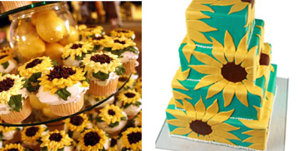 Sunflower cupcakes or a sunflower themed fondant wedding cake displayed on a